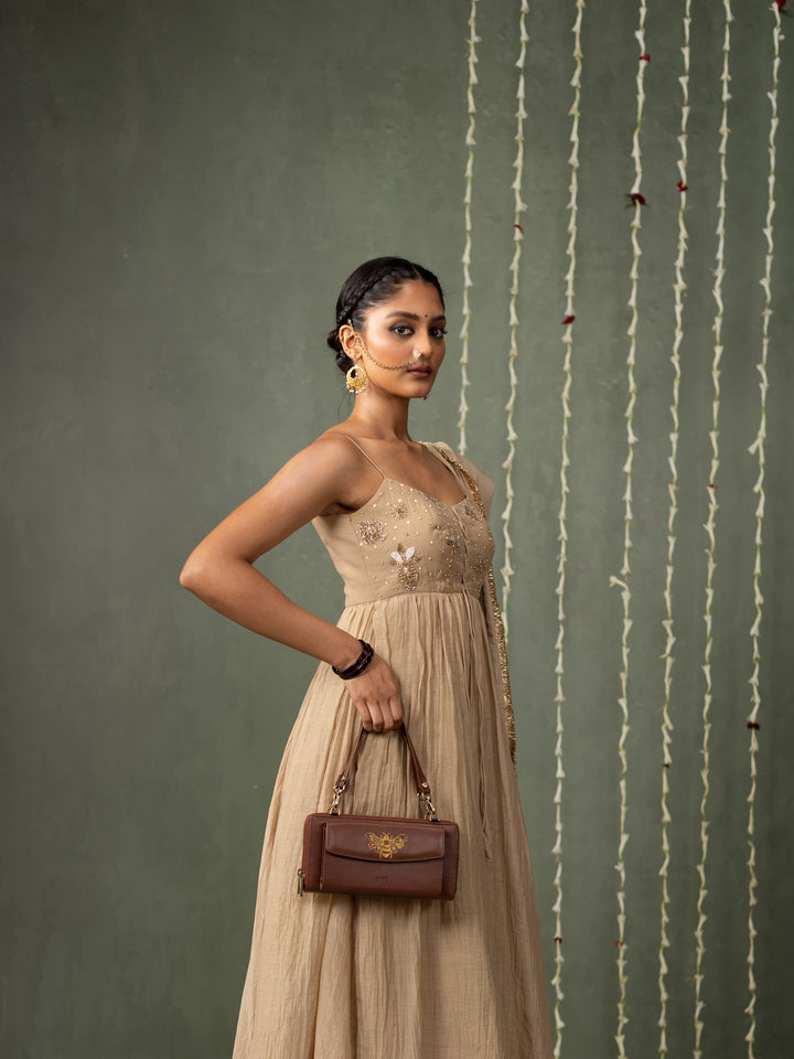 Queenbee Hand Embroidered Wallet Sling - Brown