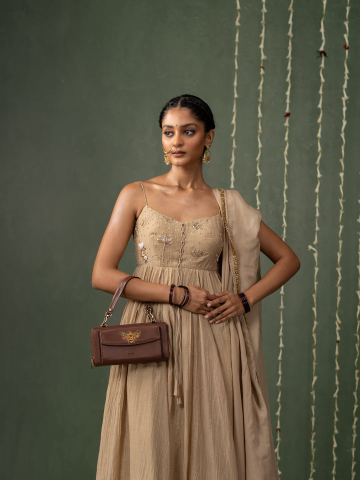 Queenbee Hand Embroidered Wallet Sling - Brown