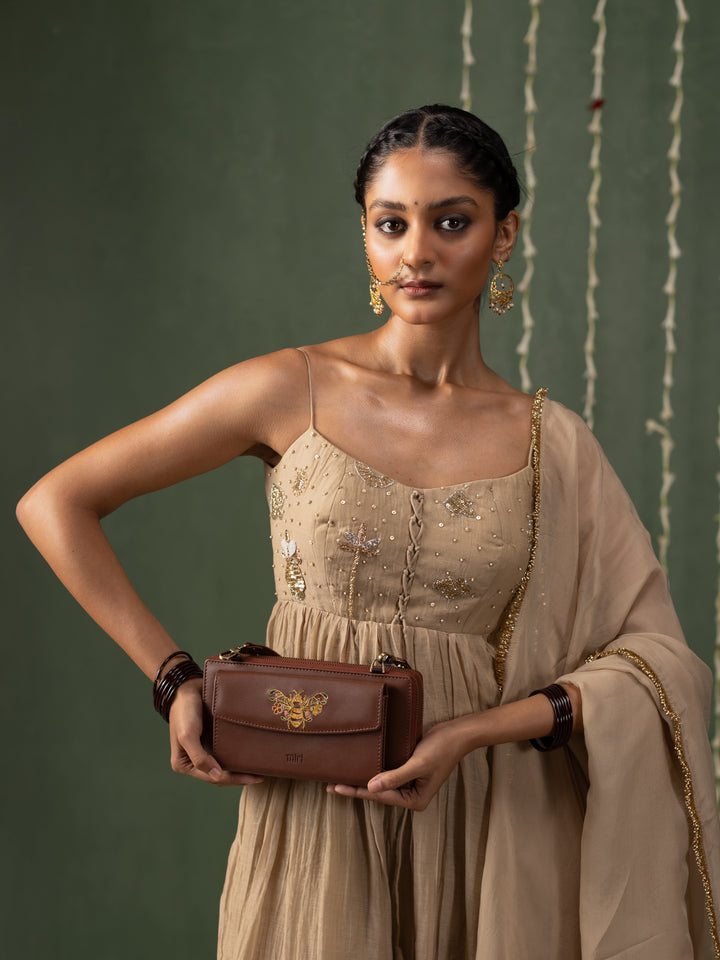 Queenbee Hand Embroidered Wallet Sling - Brown