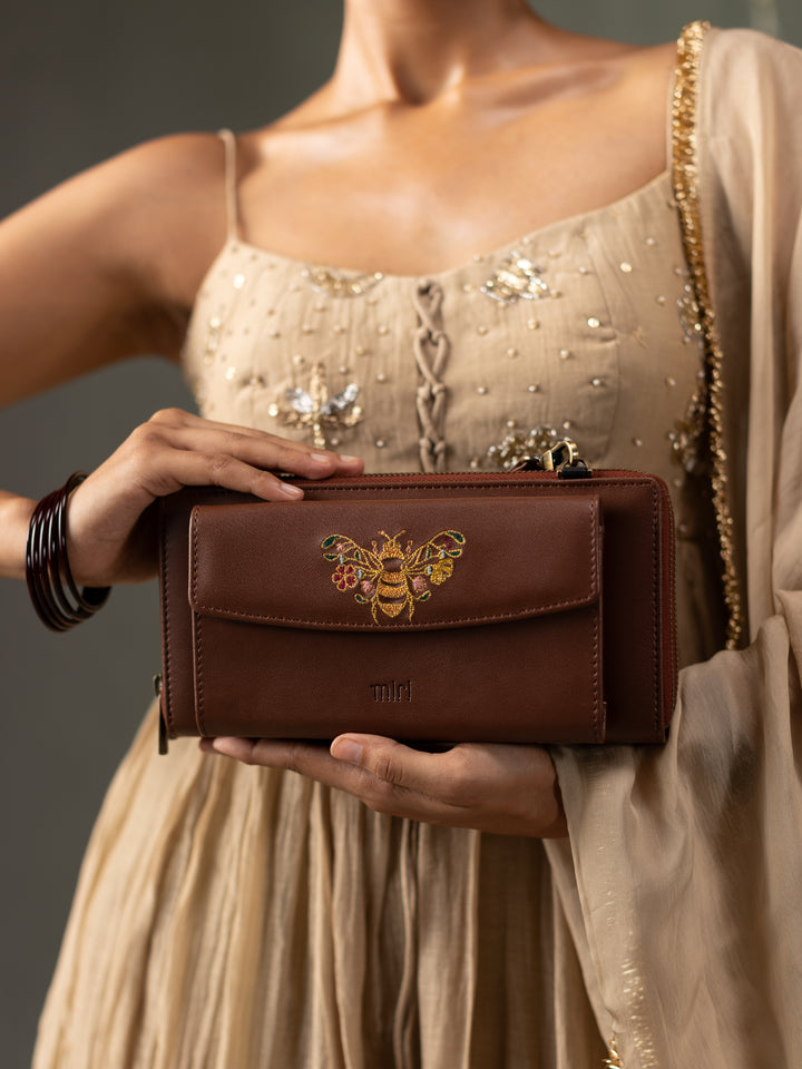 Queenbee Hand Embroidered Wallet Sling - Brown