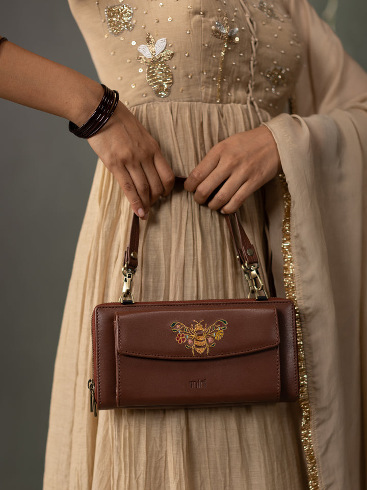 Queenbee Hand Embroidered Wallet Sling - Brown