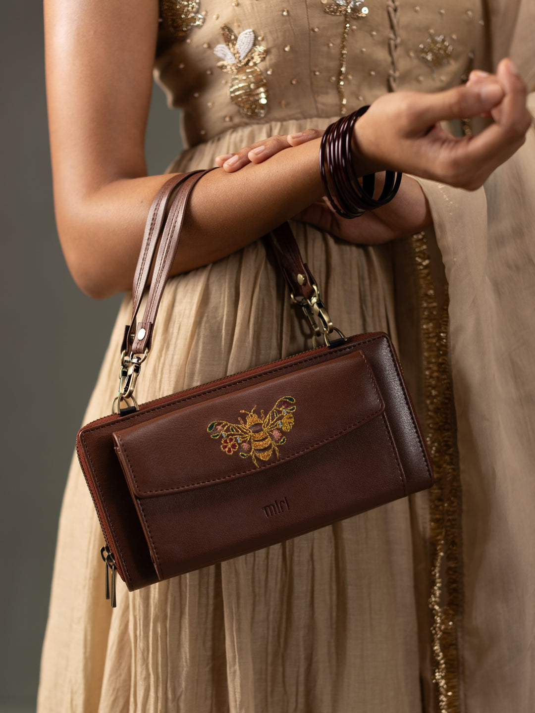 Queenbee Hand Embroidered Wallet Sling - Brown