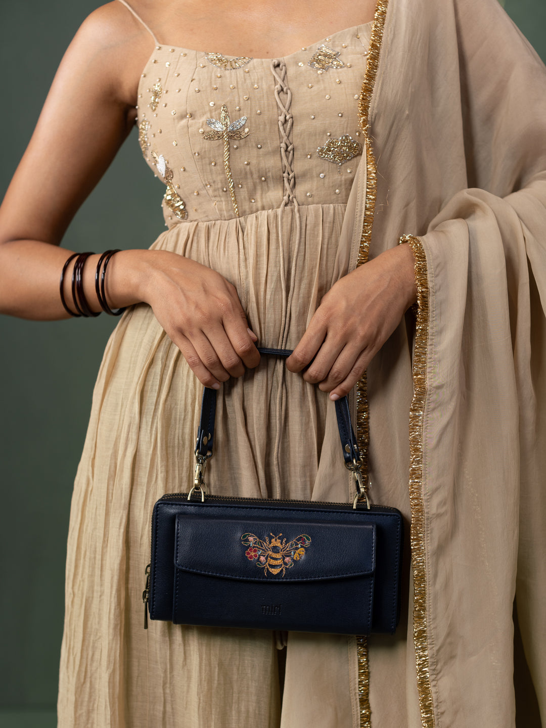 Queenbee Hand Embroidered Wallet Sling - Midnight Blue