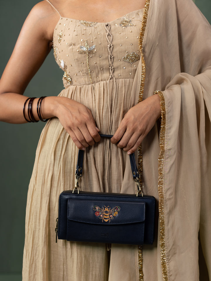Queenbee Hand Embroidered Wallet Sling - Midnight Blue
