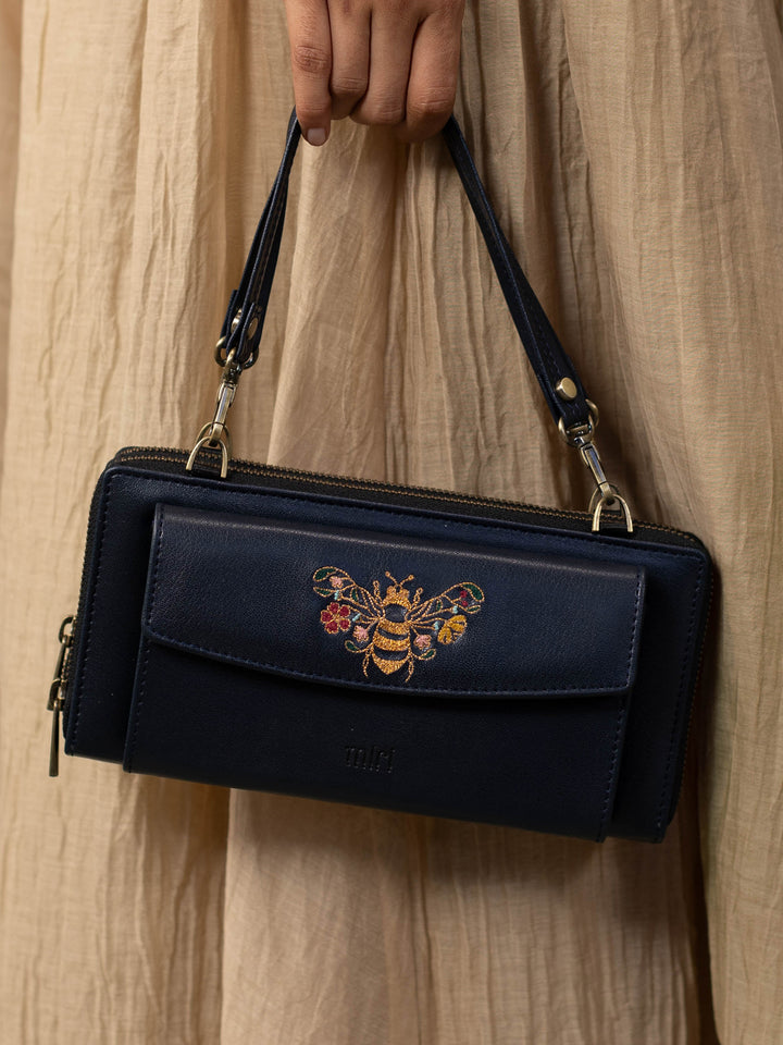 Queenbee Hand Embroidered Wallet Sling - Midnight Blue