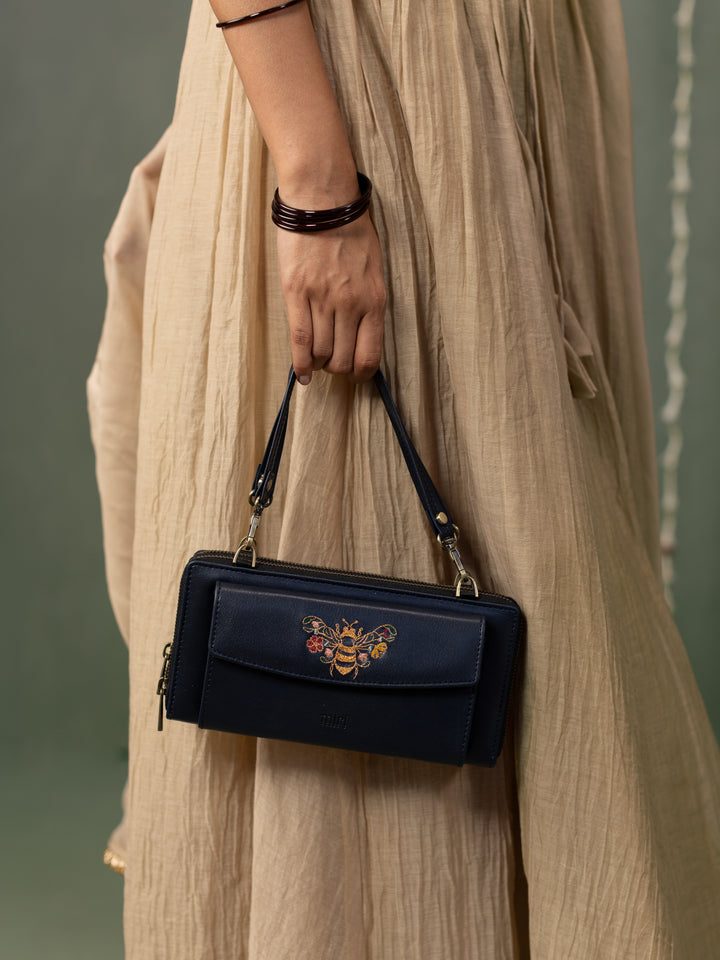 Queenbee Hand Embroidered Wallet Sling - Midnight Blue
