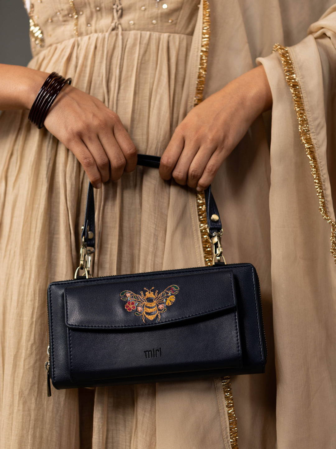 Queenbee Hand Embroidered Wallet Sling - Midnight Blue
