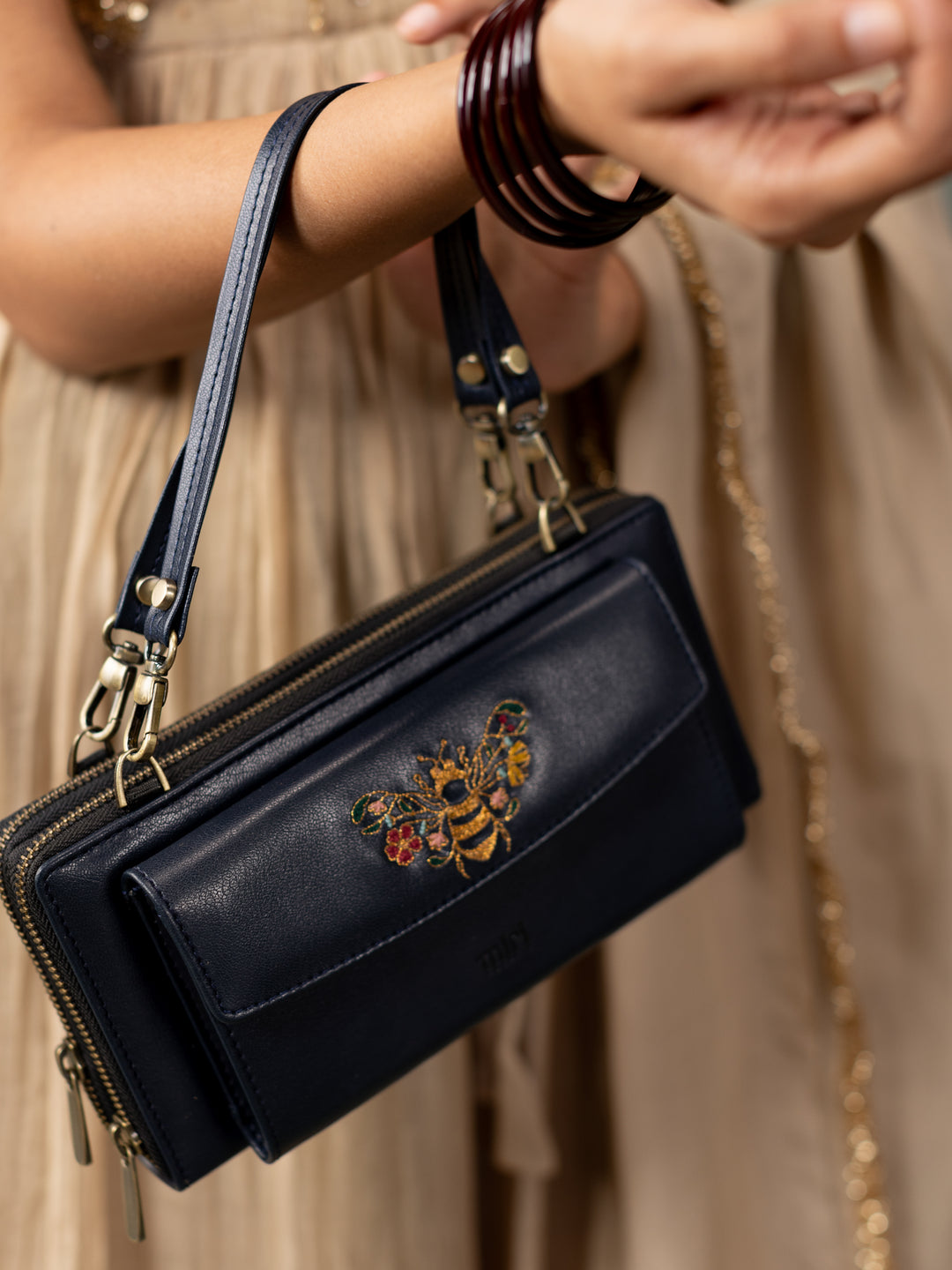 Queenbee Hand Embroidered Wallet Sling - Midnight Blue
