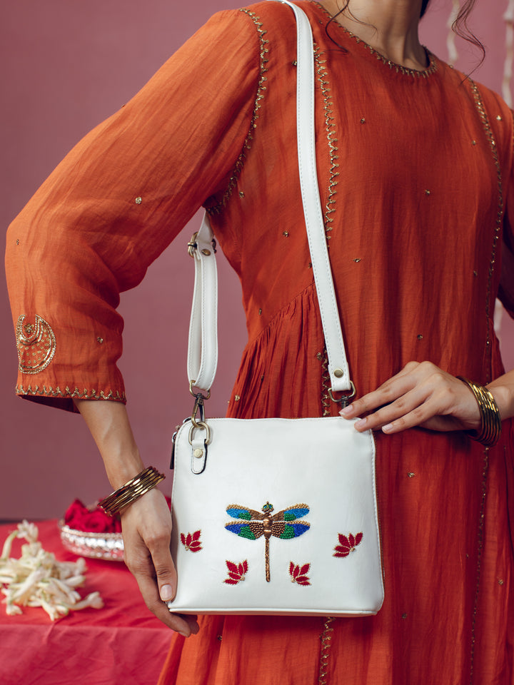 Dragonfly Hand Embroidered Venice Sling - Ivory