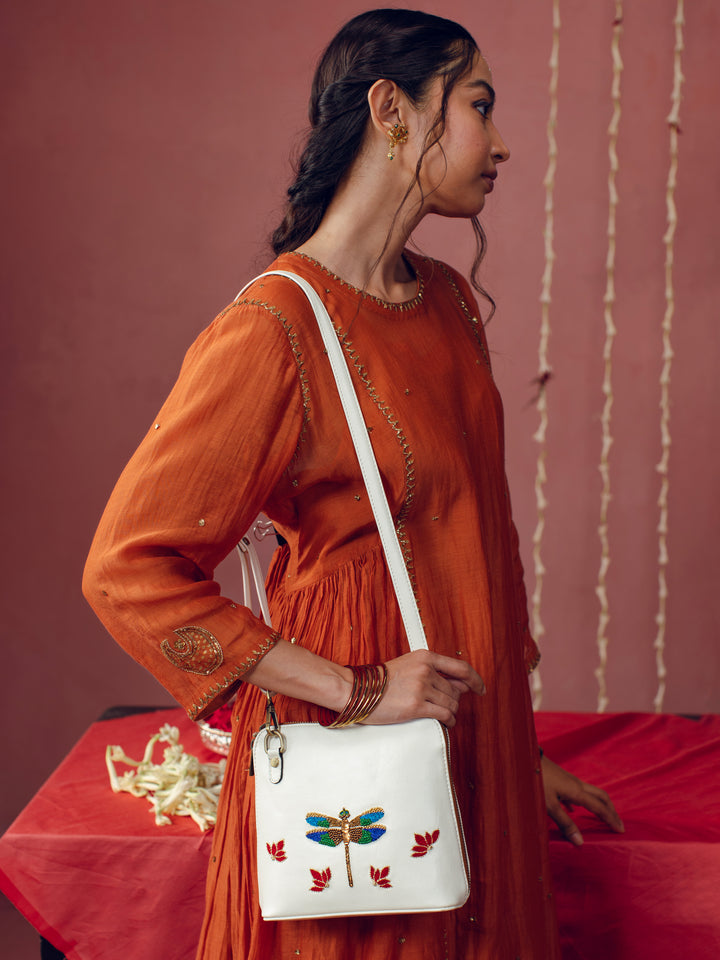 Dragonfly Hand Embroidered Venice Sling - Ivory