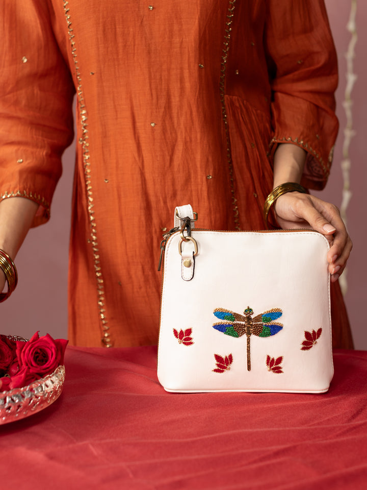 Dragonfly Hand Embroidered Venice Sling - Ivory