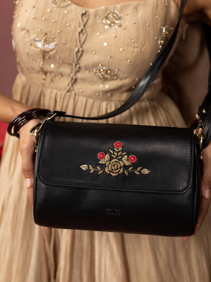 Zari Roses Retro Style Flap Sling - Black