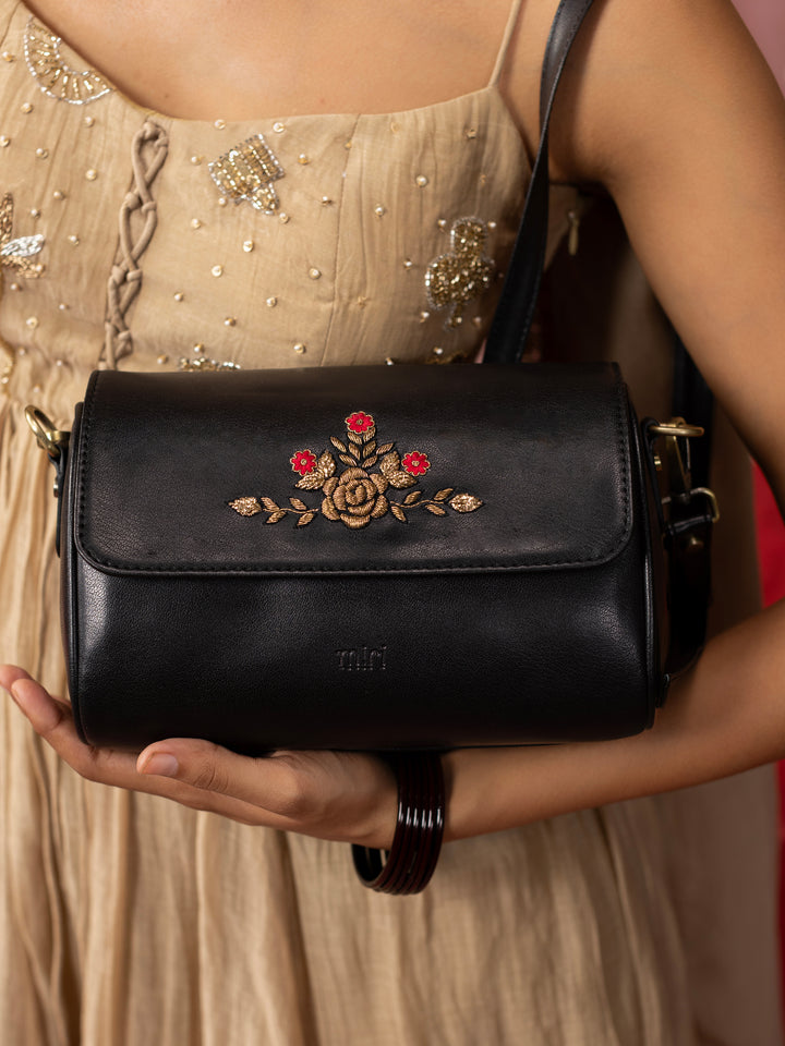 Zari Roses Retro Style Flap Sling - Black