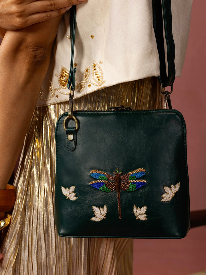 Dragonfly Hand Embroidered Venice Sling - Green