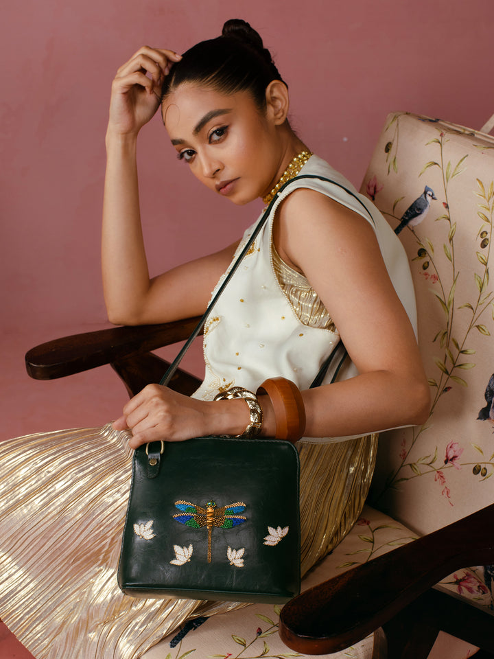 Dragonfly Hand Embroidered Venice Sling - Green
