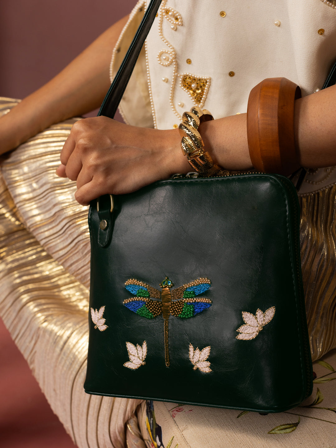 Dragonfly Hand Embroidered Venice Sling - Green