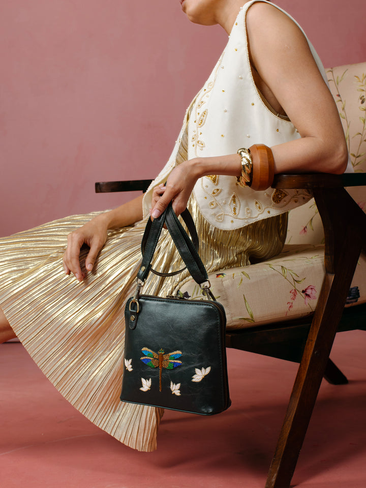 Dragonfly Hand Embroidered Venice Sling - Green