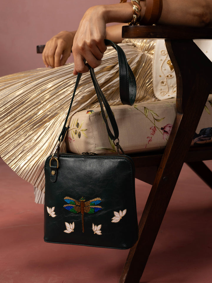 Dragonfly Hand Embroidered Venice Sling - Green