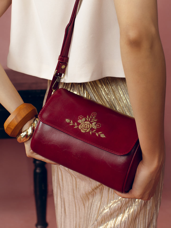 Naqsh - Hand Embroidered Retro Flap Sling - Maroon