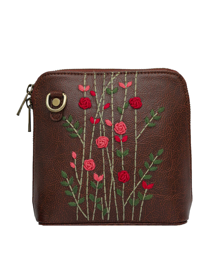 Hand Embroidered Red Rosebuds Venice Sling Bag