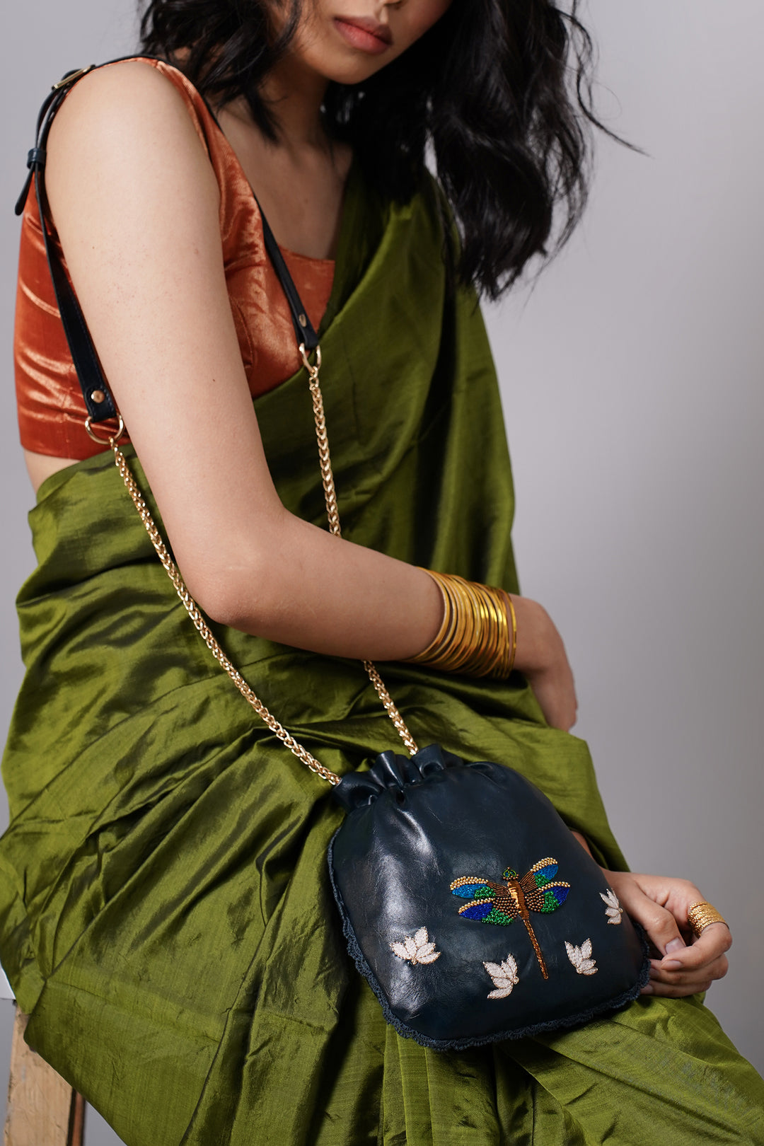 Hand Embroidered Metallic Dragonfly Potli Bag