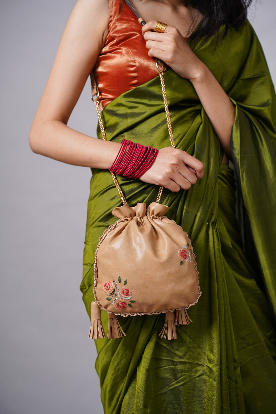 Beige Hand Embroidered Roses Potli Bag