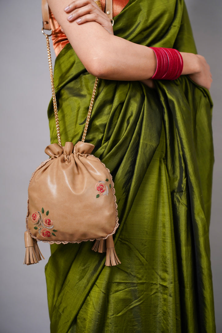 Beige Hand Embroidered Roses Potli Bag