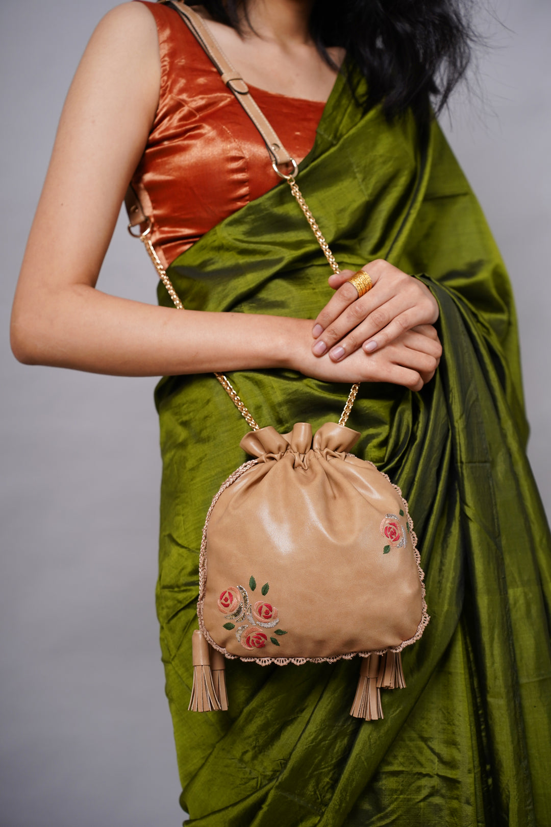Beige Hand Embroidered Roses Potli Bag