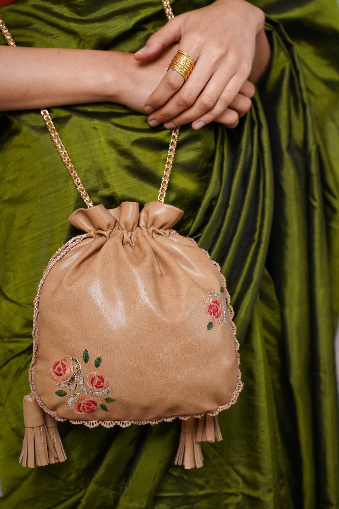 Beige Hand Embroidered Roses Potli Bag