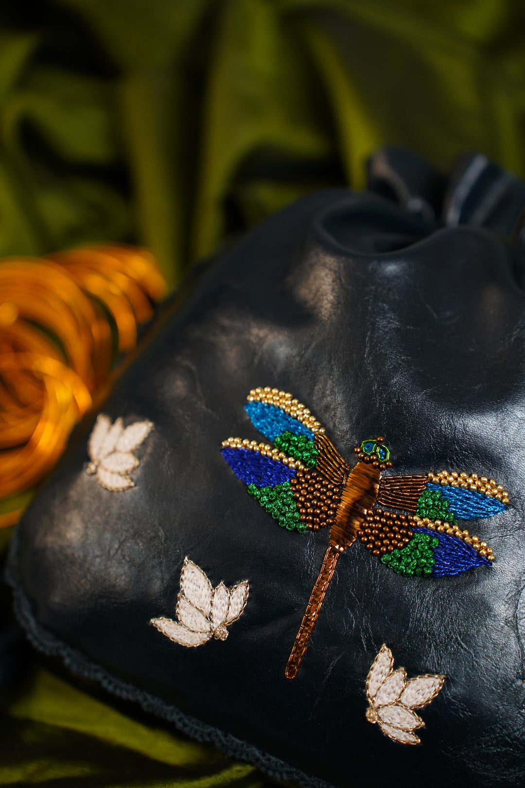 Hand Embroidered Metallic Dragonfly Potli Bag