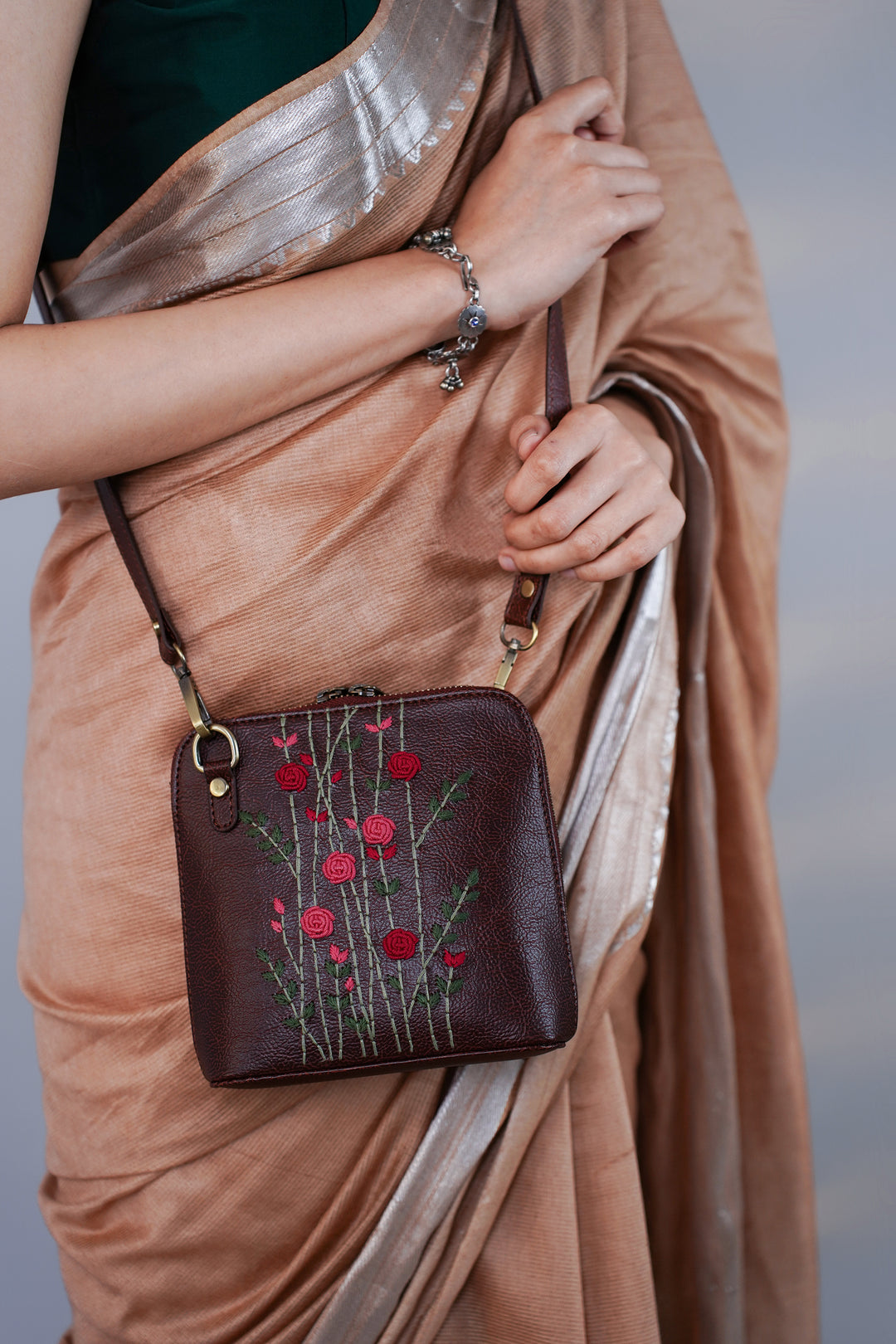 Hand Embroidered Red Rosebuds Venice Sling Bag