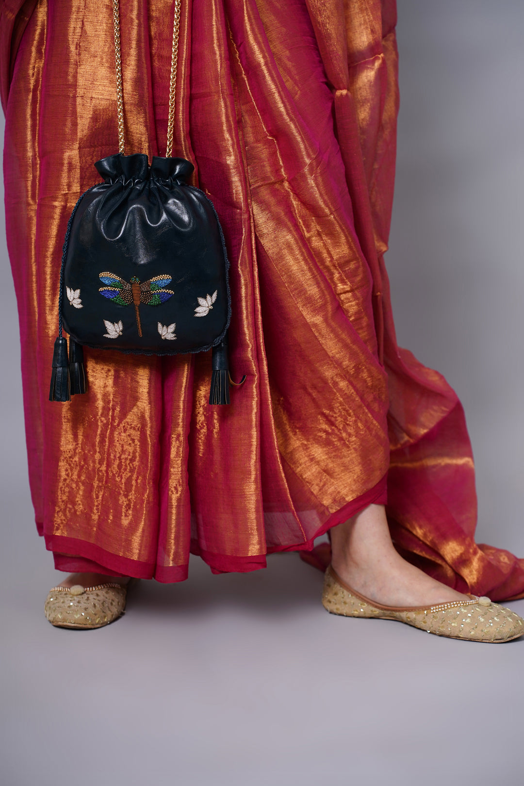Hand Embroidered Metallic Dragonfly Potli Bag