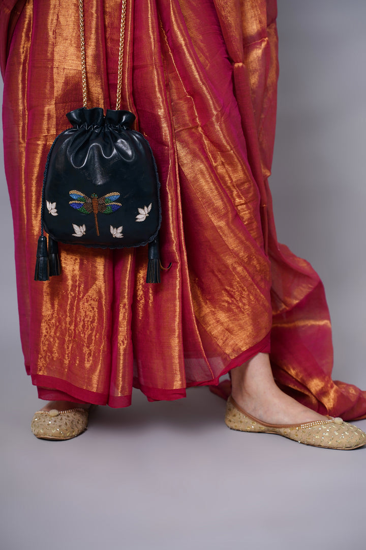 Hand Embroidered Metallic Dragonfly Potli Bag