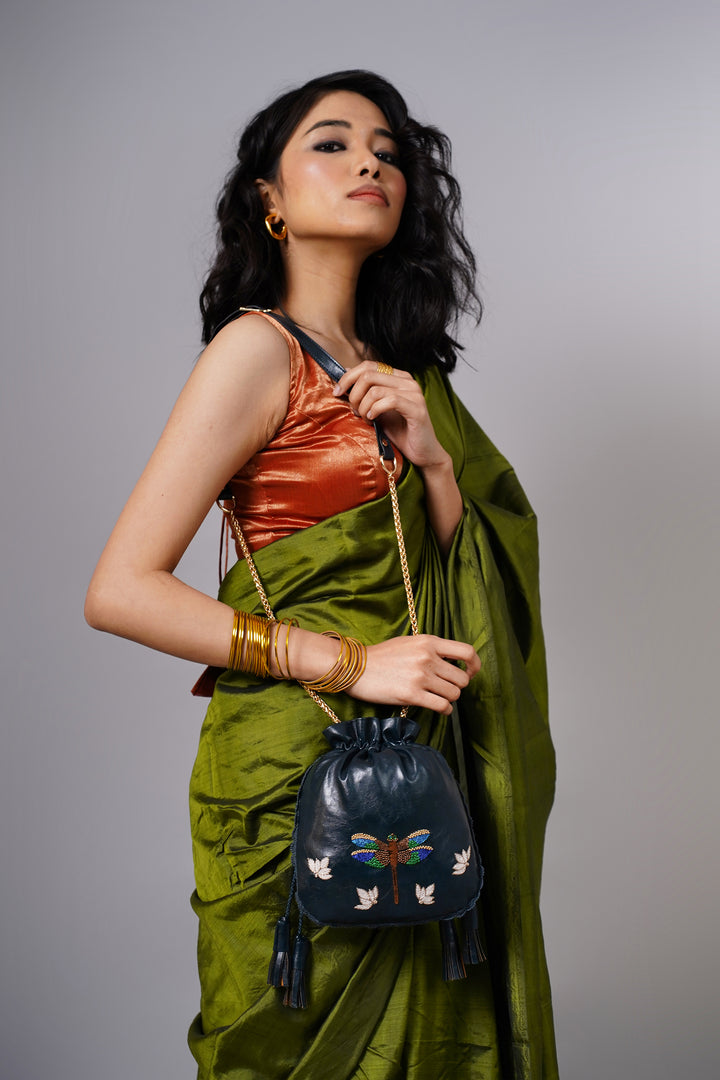 Hand Embroidered Metallic Dragonfly Potli Bag