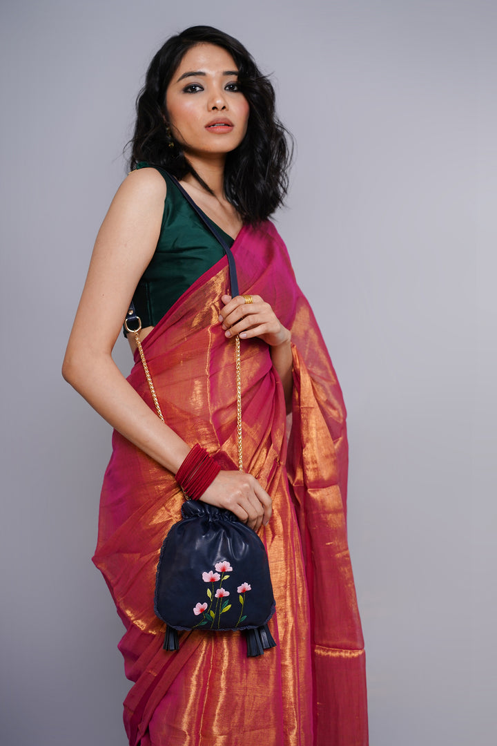 Blue Hand Embroidered Peach Poppies Potli Bag