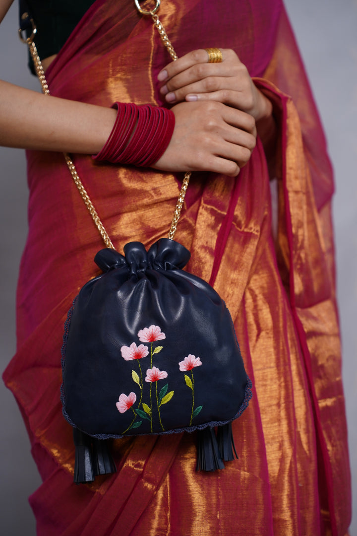 Blue Hand Embroidered Peach Poppies Potli Bag