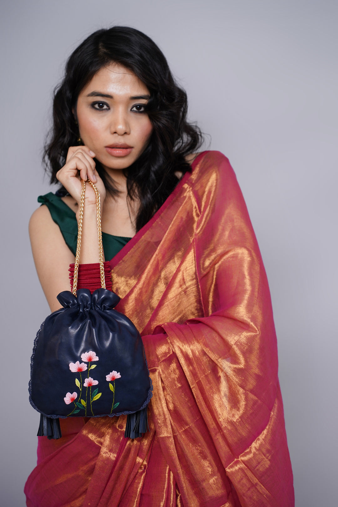 Blue Hand Embroidered Peach Poppies Potli Bag
