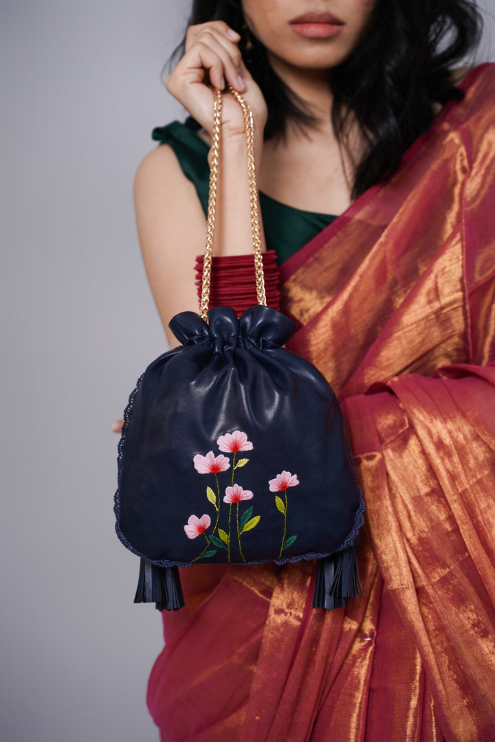 Blue Hand Embroidered Peach Poppies Potli Bag
