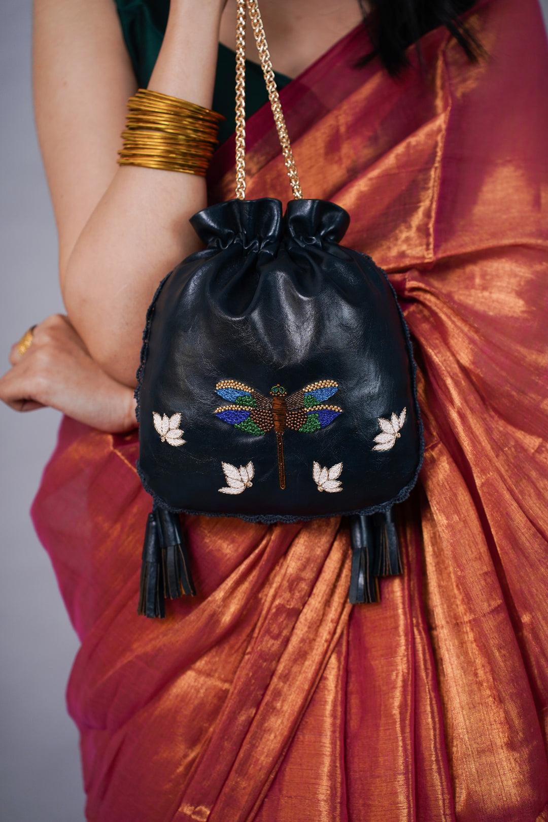 Hand Embroidered Metallic Dragonfly Potli Bag