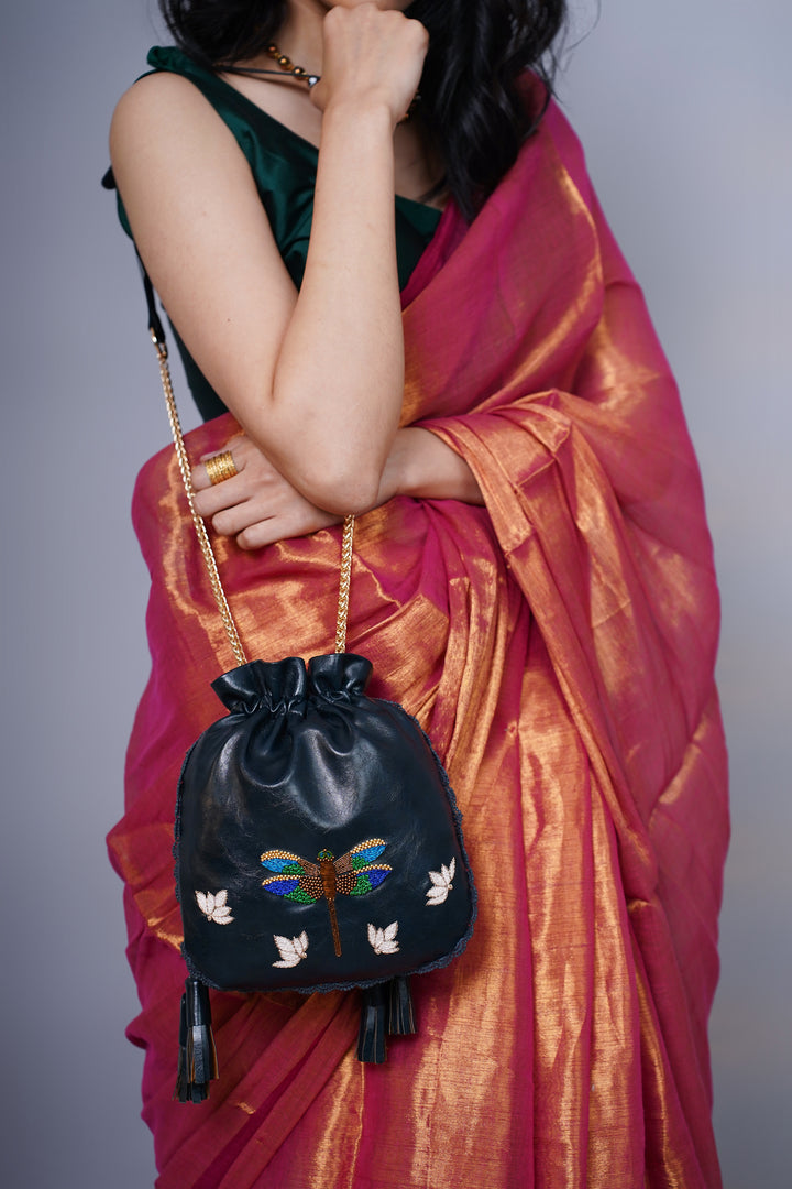 Hand Embroidered Metallic Dragonfly Potli Bag