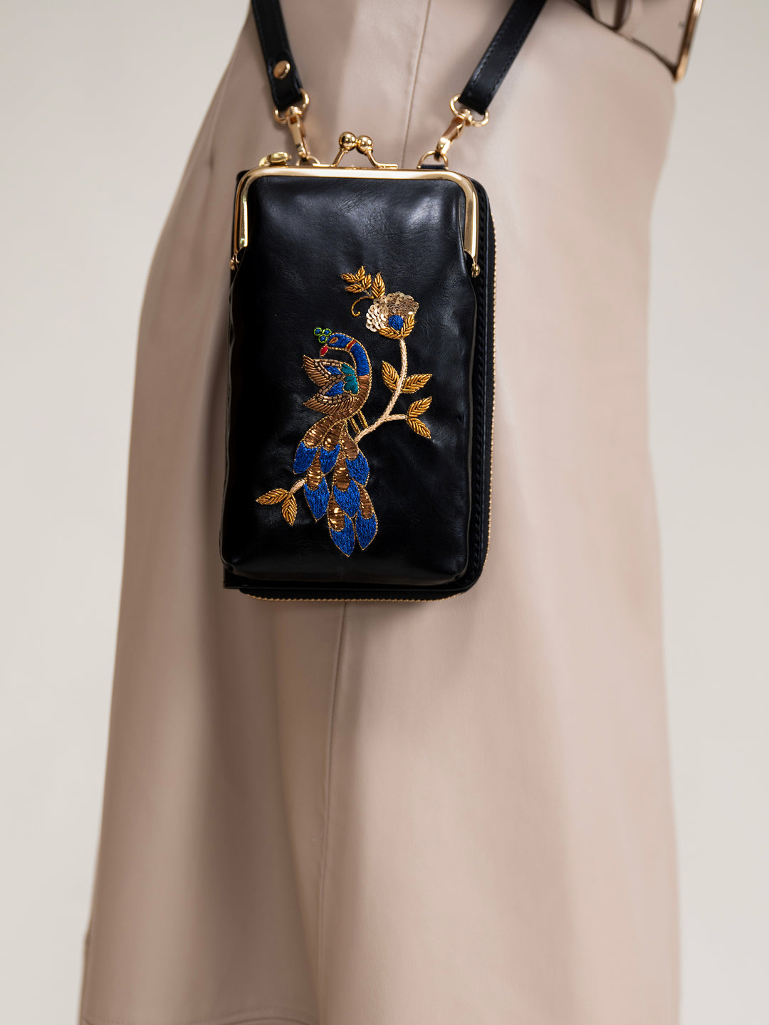 Hand Embroidered Peacock Royale Mobile cum Wallet Sling