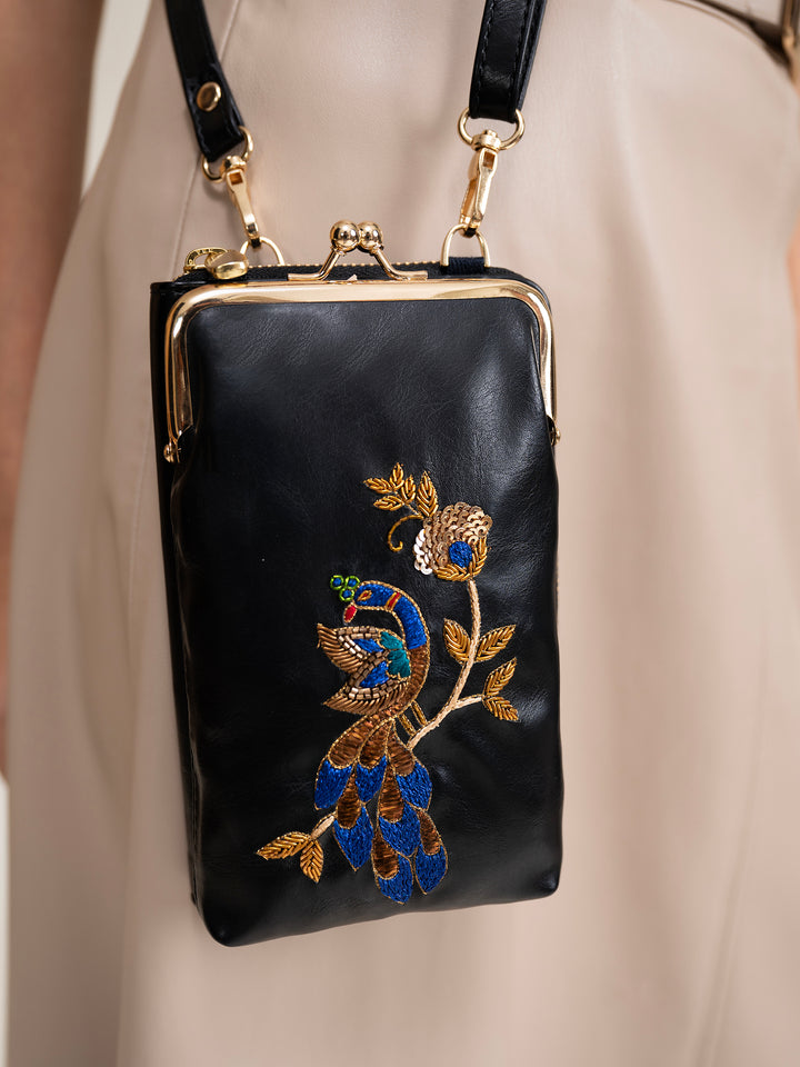 Hand Embroidered Peacock Royale Mobile cum Wallet Sling