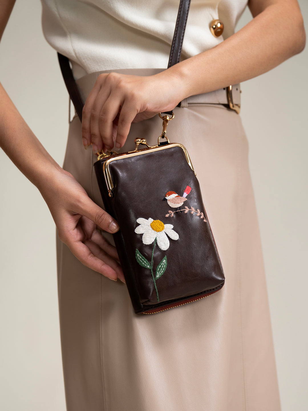 Hand Embroidered Chirpy Bloom Mobile cum Wallet Sling