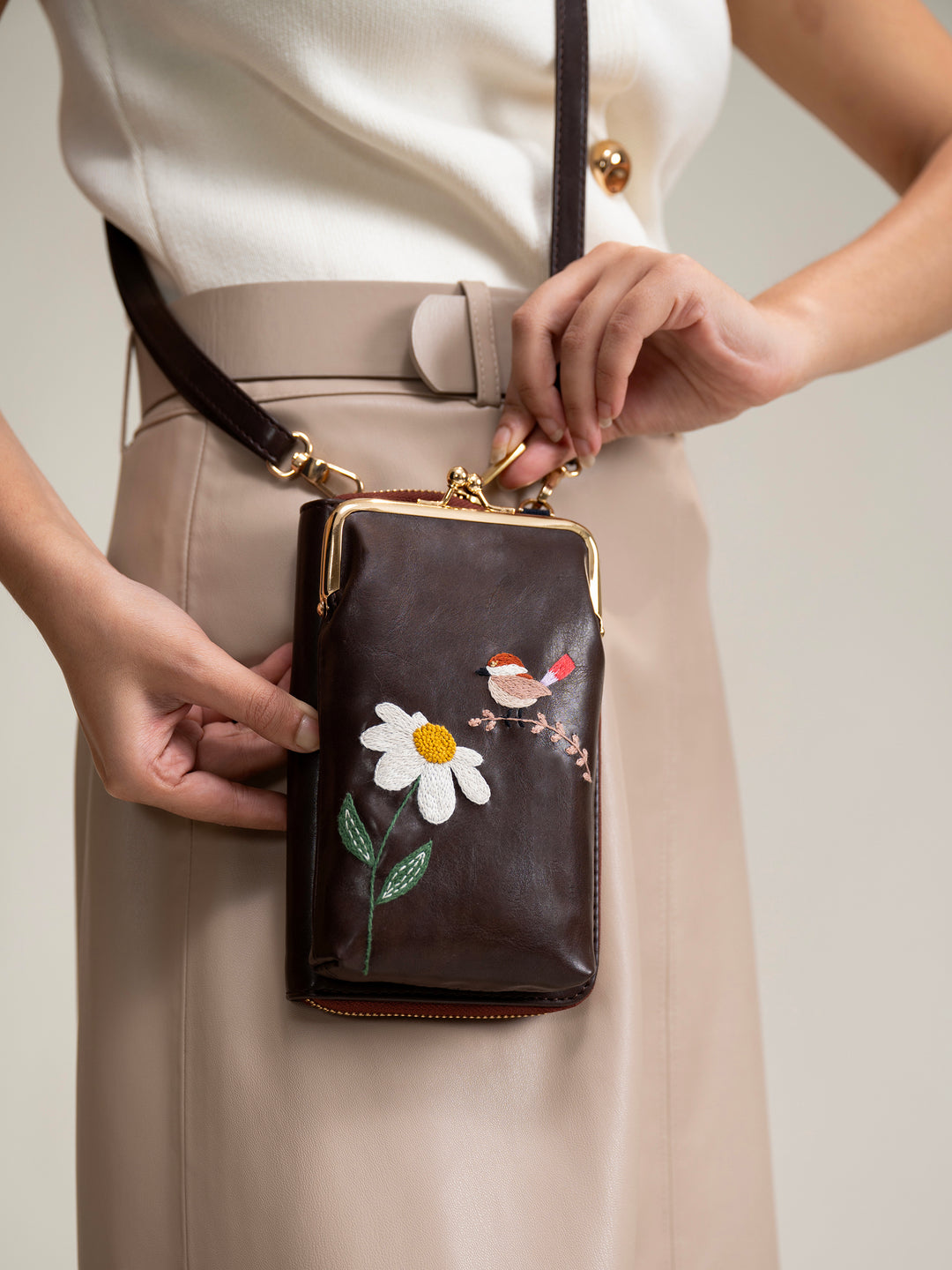Hand Embroidered Chirpy Bloom Mobile cum Wallet Sling
