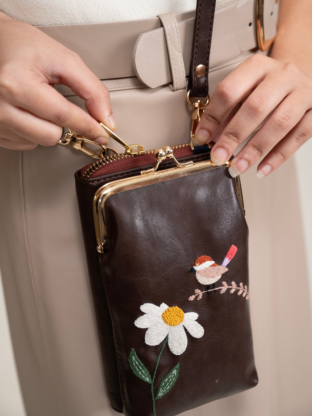 Hand Embroidered Chirpy Bloom Mobile cum Wallet Sling