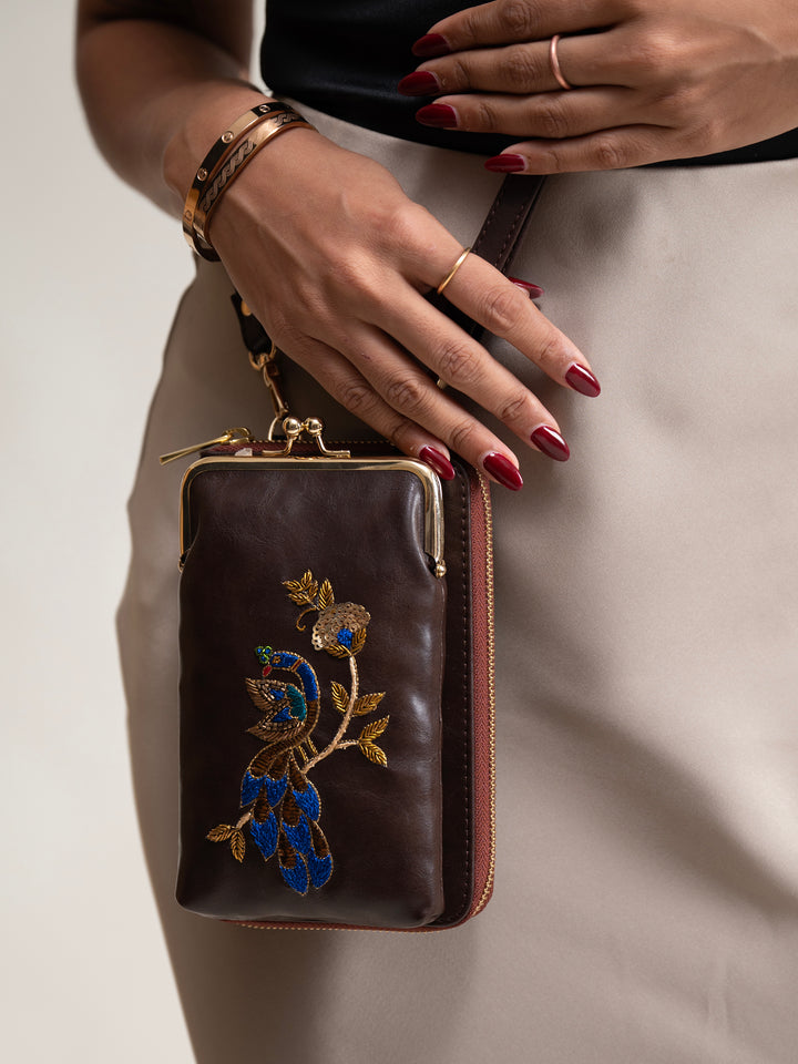 Hand Embroidered Peacock Royale Mobile cum Wallet Sling