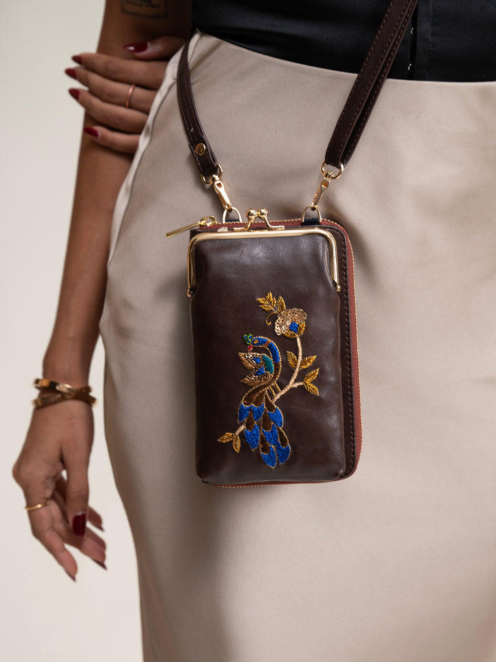 Hand Embroidered Peacock Royale Mobile cum Wallet Sling