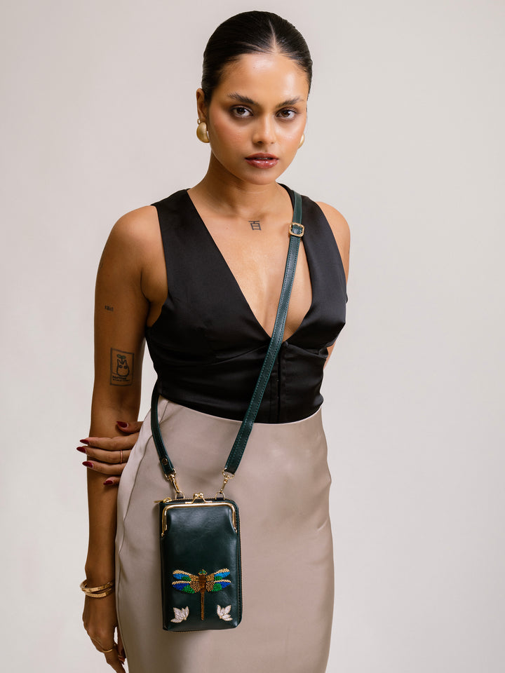 Hand Embroidered Dragonfly Mobile cum Wallet Sling