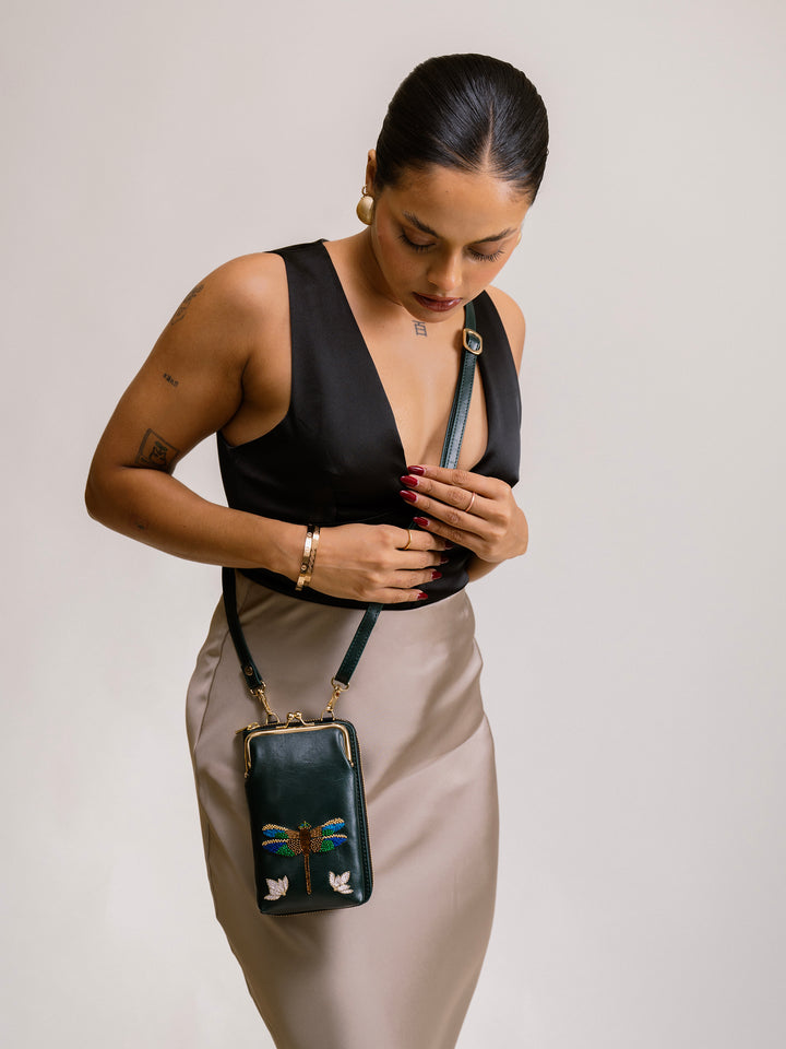 Hand Embroidered Dragonfly Mobile cum Wallet Sling