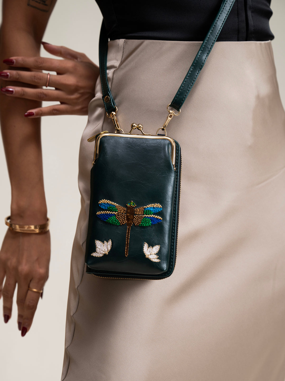 Hand Embroidered Dragonfly Mobile cum Wallet Sling